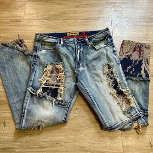 Makobi Jeans Mens 36x34 Shredded Distressed Denim 802813 Tapestry Panels